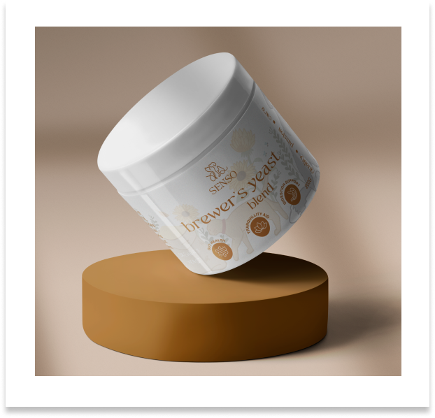 Sleek, modern design of Brewer’s Yeast dog supplement packaging, blending functionality and elegance.