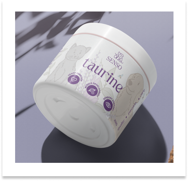 Sleek packaging design for Taurine dog supplement, emphasizing a premium and professional look.